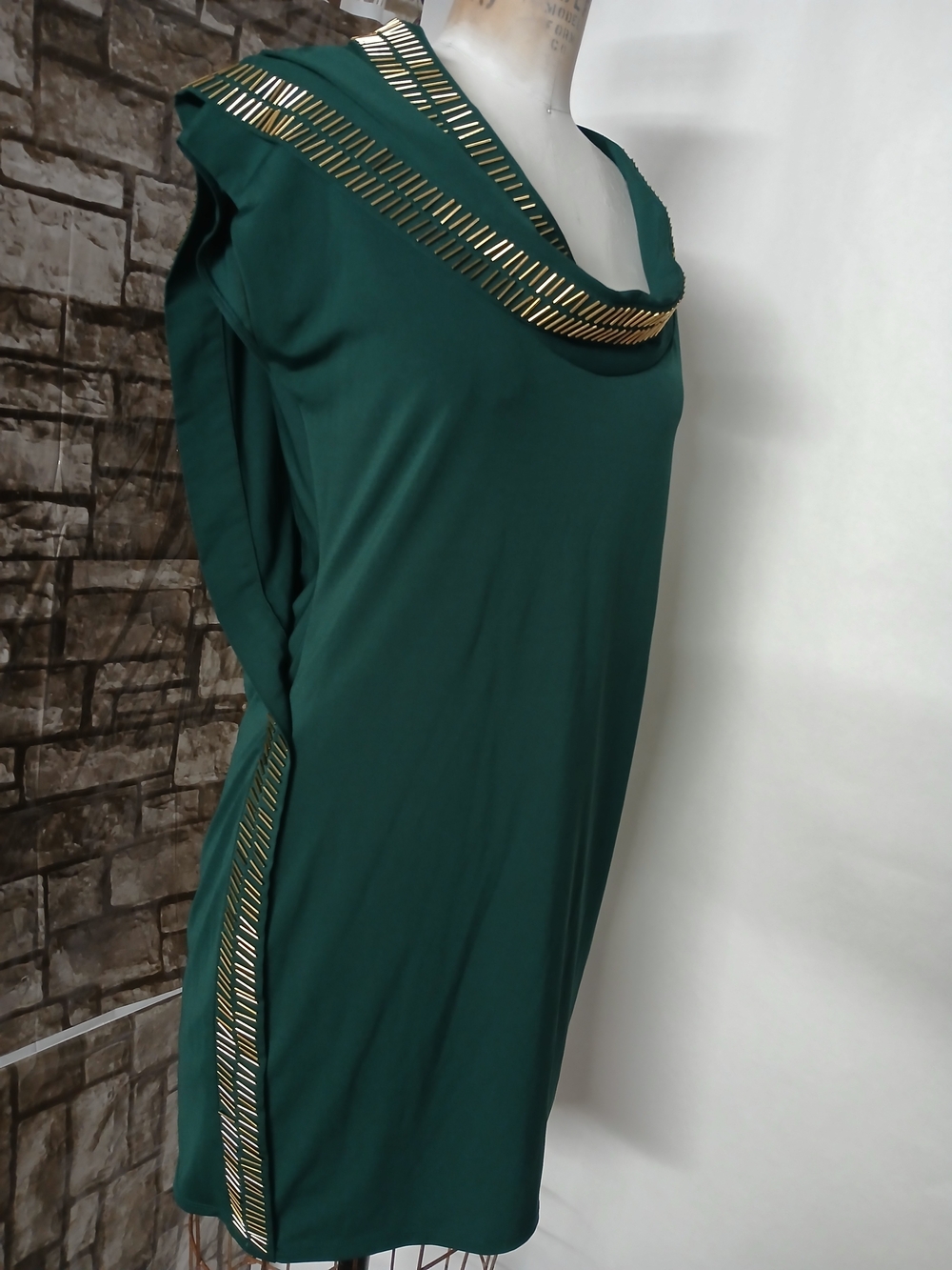 Moda International Emerald Green Cowl Neck Mini Dress with Gold Accents